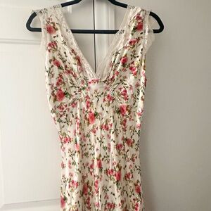 Rouje Floral Midi Dress in Cream with Pink Roses